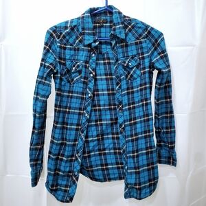 Vintage 100% Cotton Blue and Black Plaid Flannel Shirt